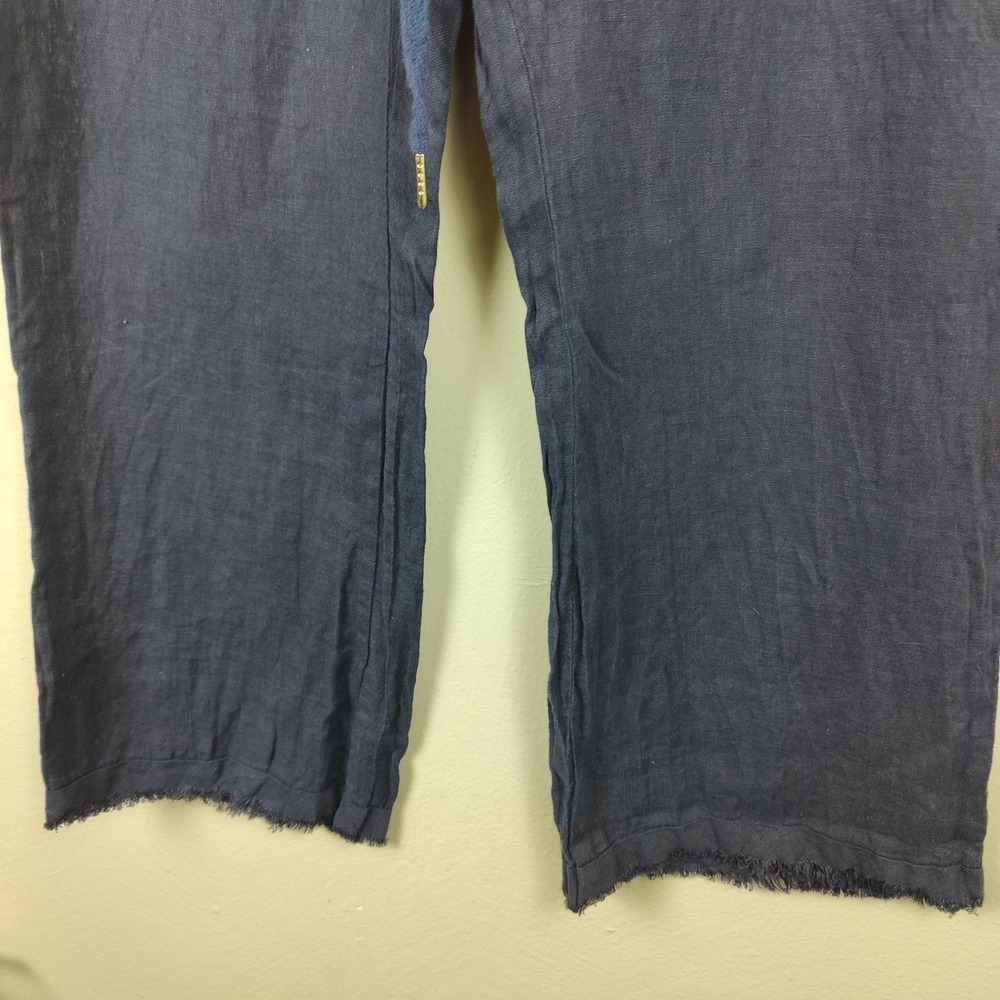 Meo Meo Linen Wide Leg Pants Womens One Size Cropped Raw Hem Navy Blue Beachy - Picture 4 of 8